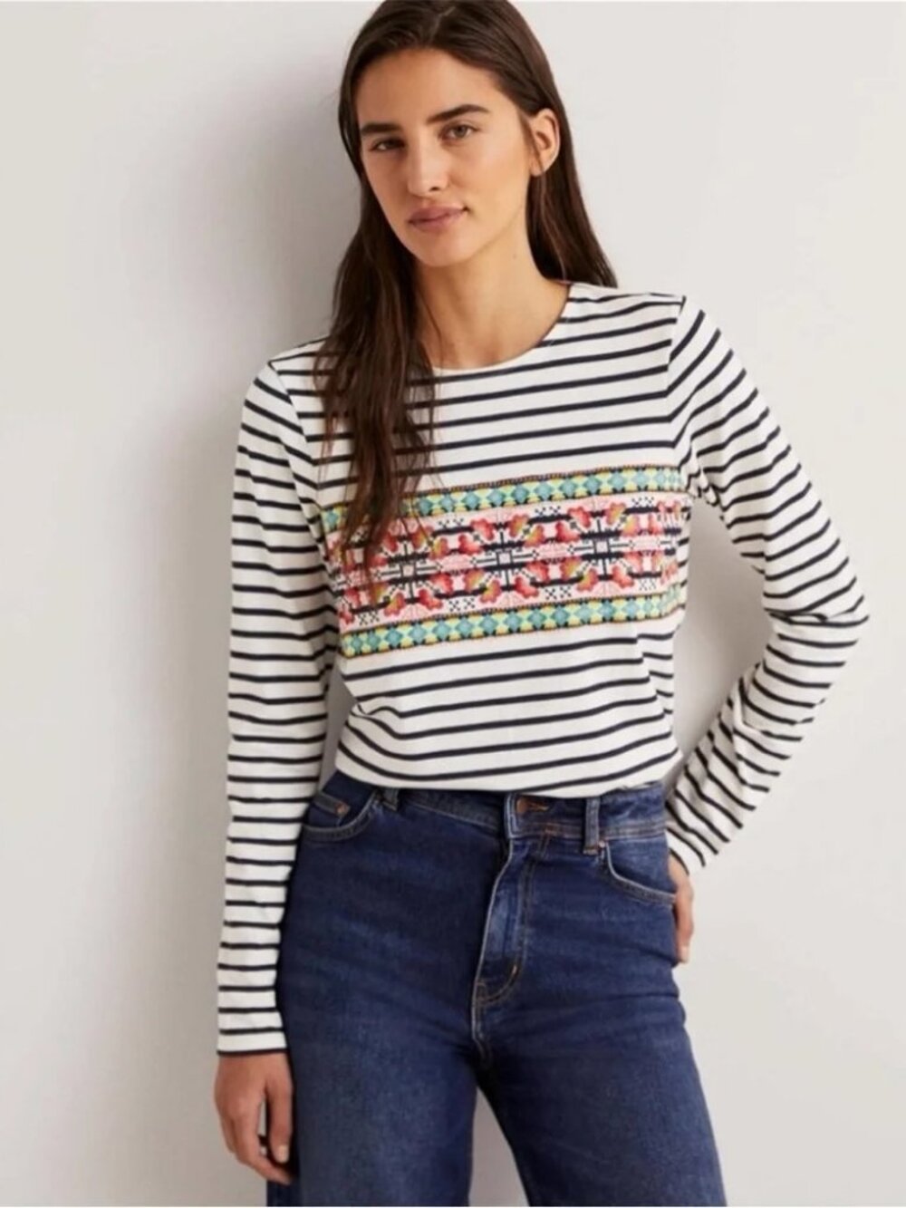 Boden Embroidered Breton Long Sleeve Top Women’s Size 8 Stripes Cotton